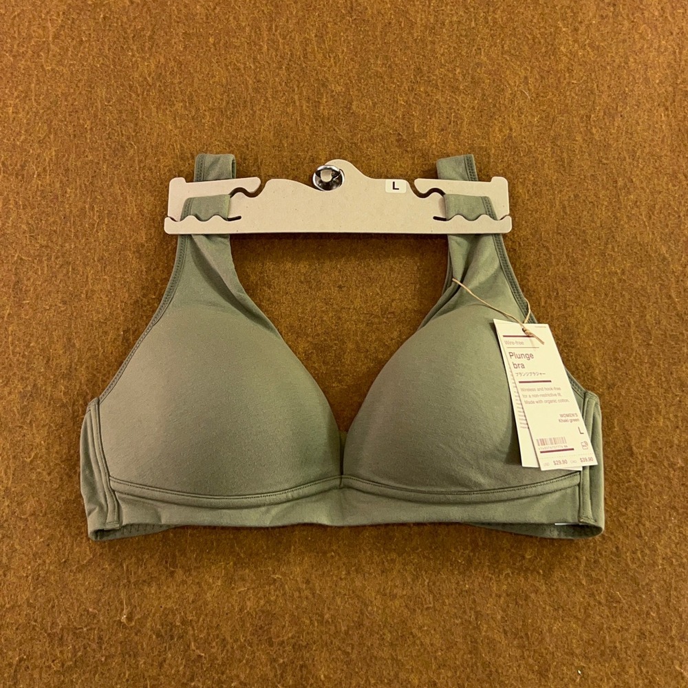 MUJI Womens Large Khaki Green Wire-Free Organic Cotton Plunge Bra NWT